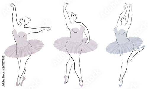 Collection. Silhouette of a cute lady, she is dancing ballet. Woman is overweight. The girl is plump and slim. Woman is ballerina, gymnast. Vector illustration set © Nataliia