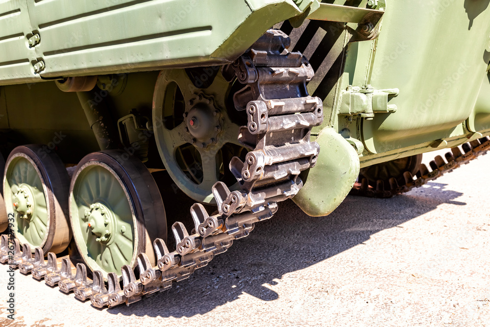 Close up view of caterpillar of the armored vehicle Close up view of caterpillar of the armored vehicle