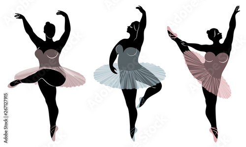 Collection. Silhouette of a cute lady, she is dancing ballet. Woman is overweight. The girl is plump and slim. Woman is ballerina, gymnast. Vector illustration set