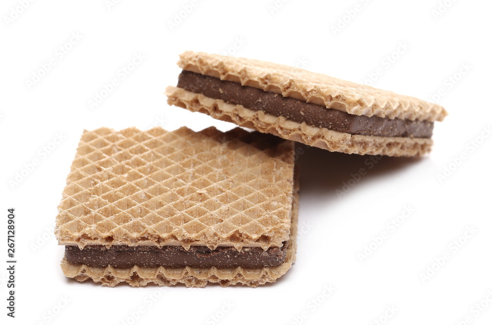Wafers with hazelnut and cocoa isolated on white background Wafers with hazelnut and cocoa isolated on white background