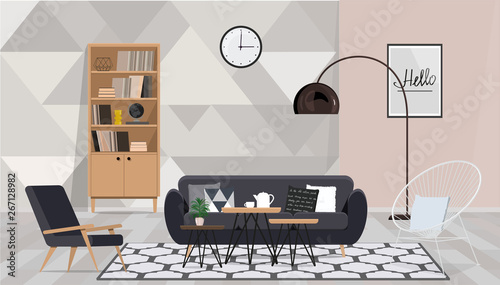Modern interior design in gray tones with furniture.
