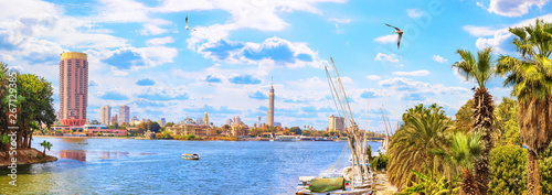 Panoramic view on the Nile and the Cairo Tower from the harbour