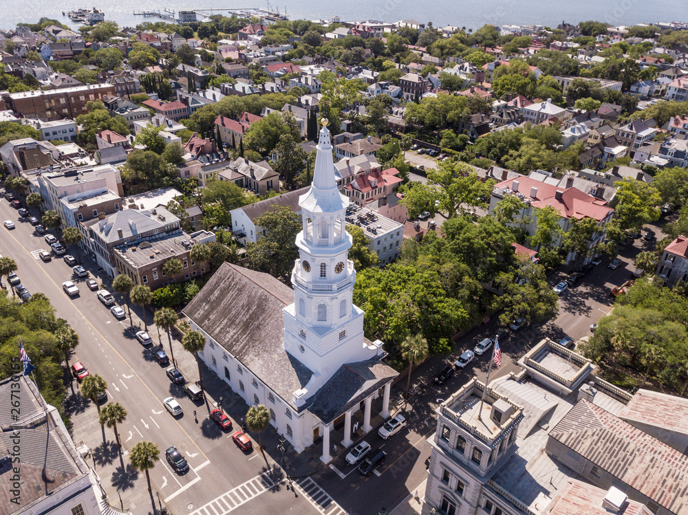 Aerial view of downtown Charleston, South Carolina with St Michaels church in foreground.