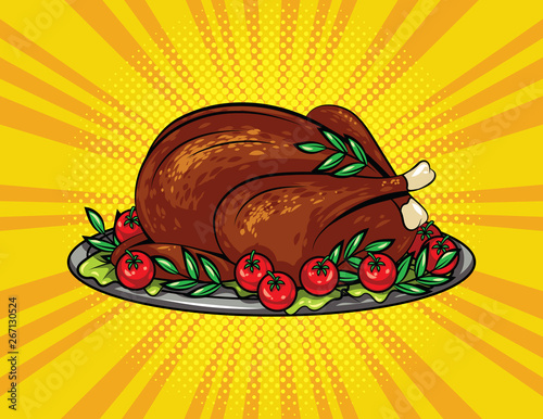 Color vector pop art style illustration for Thanksgiving. Roasted turkey with crispy crust and herbs on a tray. Delicious baked poultry with vegetables on a dish.