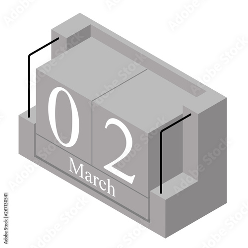 March 2nd date on a single day calendar. Gray wood block calendar present date 2 and month March isolated on white background. Holiday. Season. Vector isometric illustration