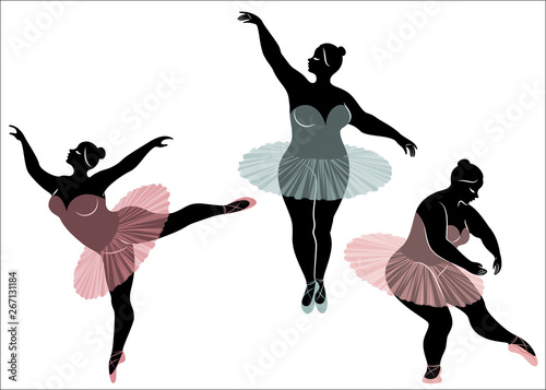 Collection. Silhouette of a cute lady, she is dancing ballet. Woman is overweight. The girl is plump and slim. Woman is ballerina, gymnast. Vector illustration set
