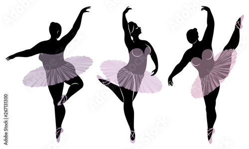 Collection. Silhouette of a cute lady, she is dancing ballet. Woman is overweight. The girl is plump and slim. Woman is ballerina, gymnast. Vector illustration set