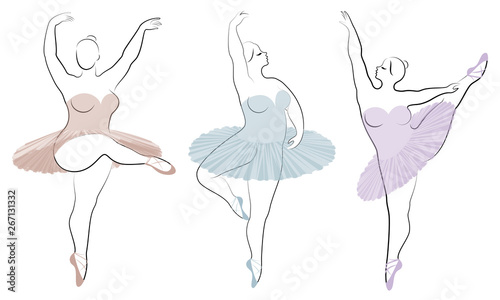 Collection. Silhouette of a cute lady, she is dancing ballet. Woman is overweight. The girl is plump and slim. Woman is ballerina, gymnast. Vector illustration set
