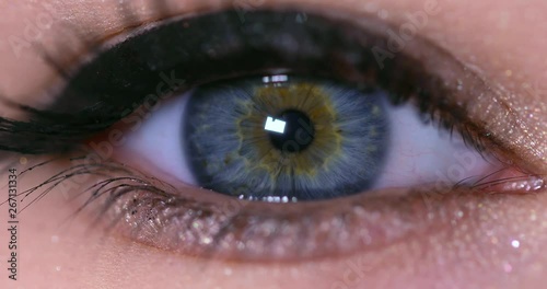 Macro View of Pupil Constriction Process in Human female painted blue Eye