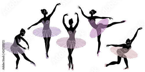 Collection. Silhouette of a cute lady, she is dancing ballet. The girl has a beautiful figure. Woman ballerina. Vector illustration set