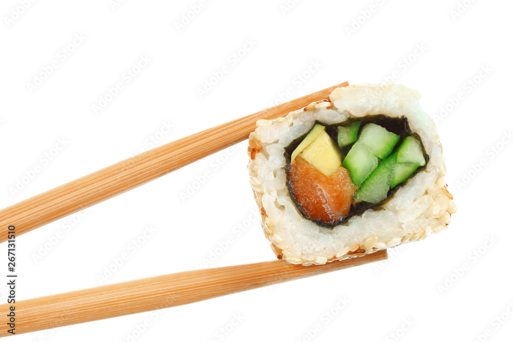 Sushi roll pieces with salmon, rice, avocado, cucumber and nori Sushi roll pieces with salmon, rice, avocado, cucumber and nori