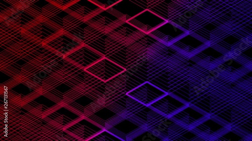 Abstract line 3D virtual isometric square lighting moving, Blockchain technology network digital data transfer, glowing on black background seamless looping animation 4K with matte alpha channel