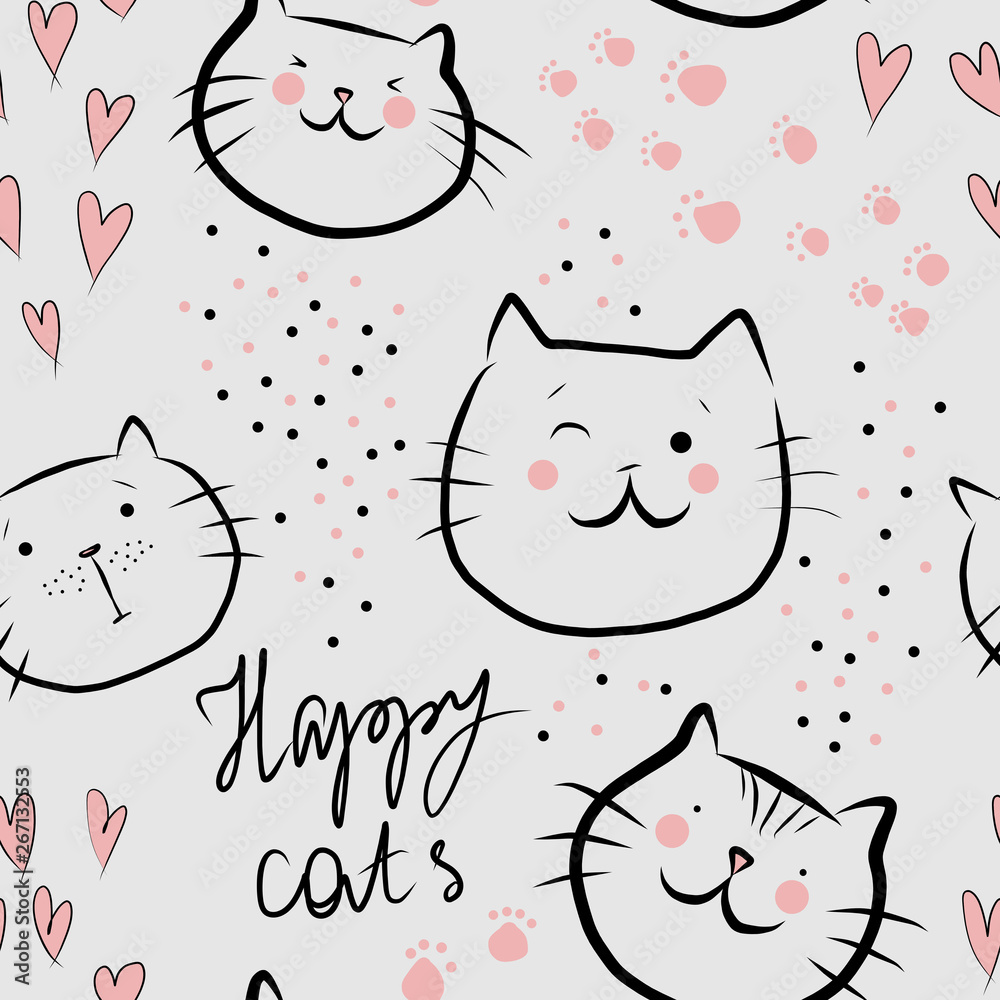 Happy cats with pink hearts and text - cute seamless pattern on light gray background Happy cats with pink hearts and text - cute seamless pattern on light gray background