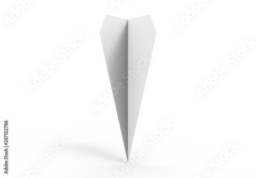 3D rendering illustration of a 3d paper airplane is a white studio background standing up on one point