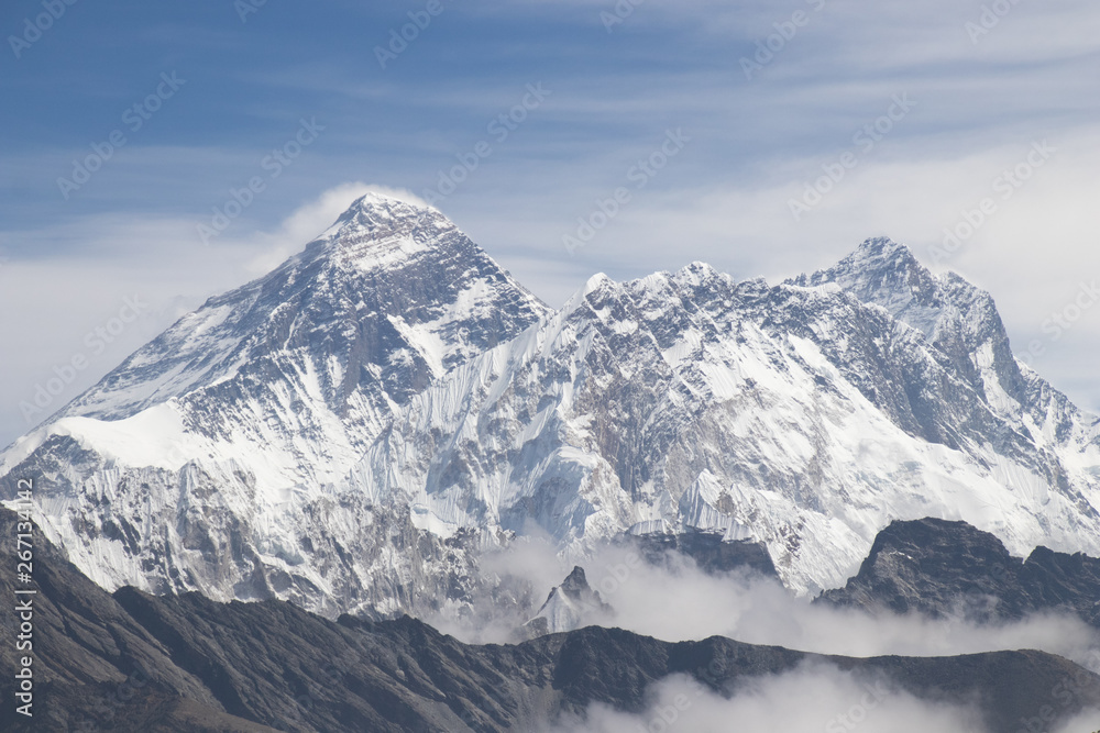 Scenic view of Mount Everest 8,848 m and Lhotse 8,516 m at Renjo la pass during everest base camp trekking nepal