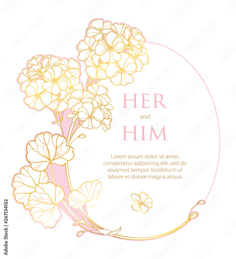 Round wedding invitation with outline Geranium or Cranesbills flower bunch and ornate leaf in gold and pink isolated on white background.