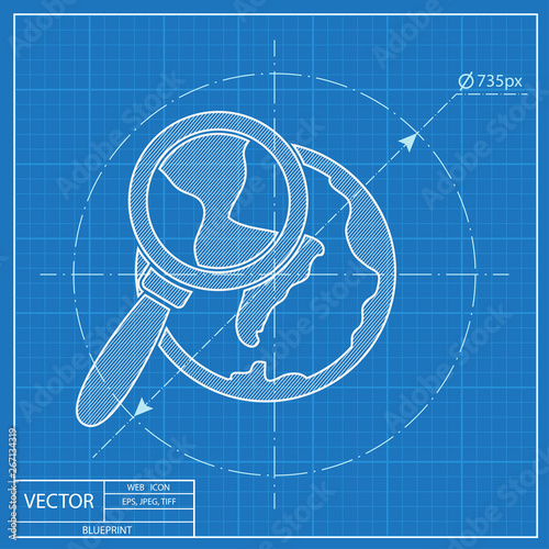 Global search vector blueprint icon. World illustration.