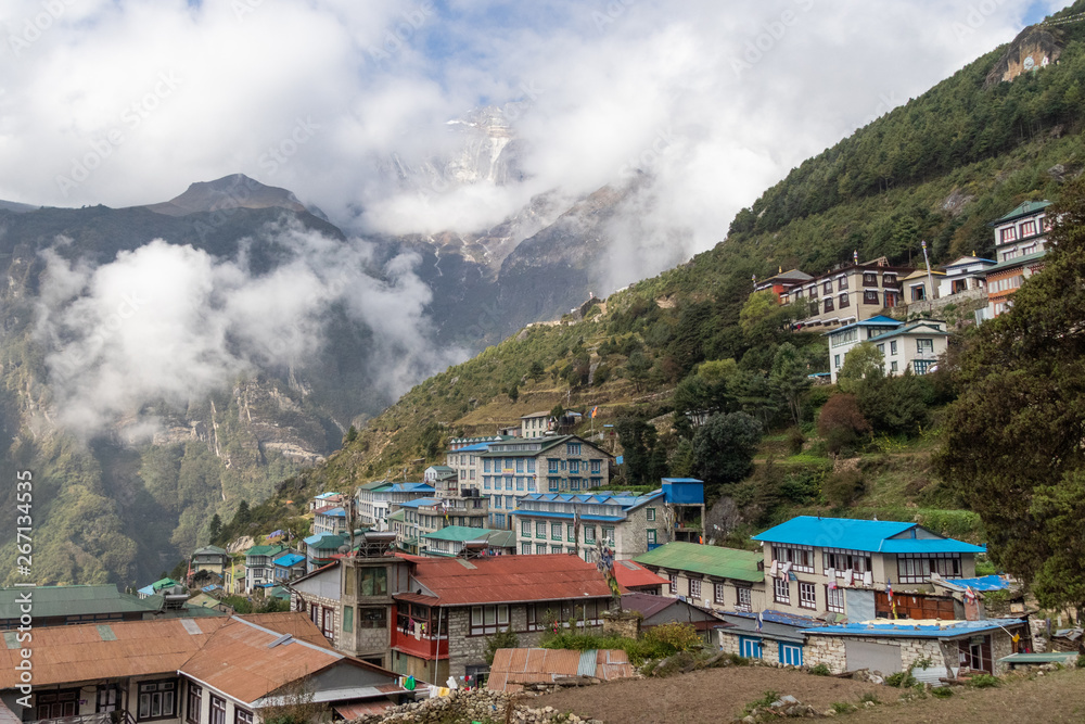 View in Namche bazaar village on the way to Everest base camp Trekking in Nepal.Namche bazaar is famous place with market and hotel for tourist located in khumbu area.Nepal