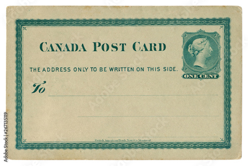 Blanked Canadian historical Post Card with green patterned frame, Imprinted One Cent Queen Victoria Stamp, Dated 1878, Canada, the North American colony of the British Empire