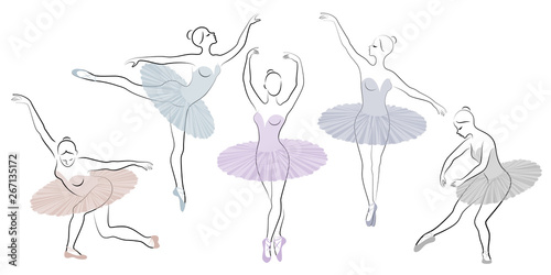 Collection. Silhouette of a cute lady, she is dancing ballet. The girl has a beautiful figure. Woman ballerina. Vector illustration set
