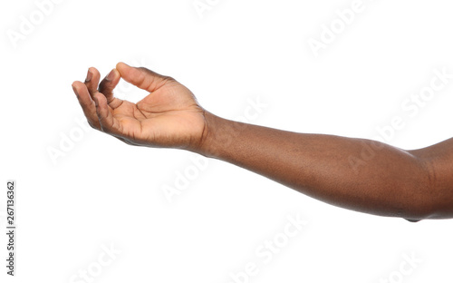 African-American man showing gyan mudra on white background, closeup