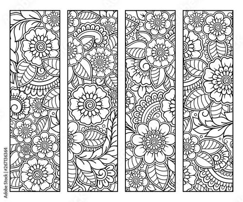 Bookmark for book - coloring. Set of black and white labels with floral doodle patterns, hand draw in mehndi style. Sketch of ornaments for creativity of children and adults with colored pencils.