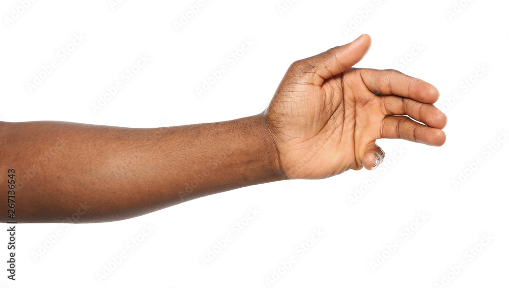 African-American man showing hand gesture on white background, closeup African-American man showing hand gesture on white background, closeup