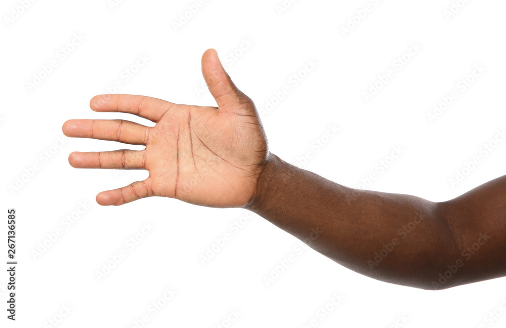 African-American man extending hand for shake on white background, closeup African-American man extending hand for shake on white background, closeup