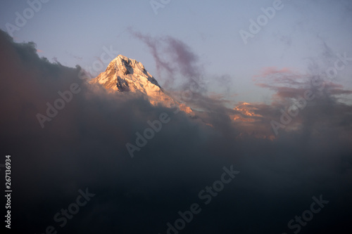 Poon hill viewpoint to Annapurna mountains under over clouds