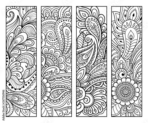 Bookmark for book - coloring. Set of black and white labels with floral doodle patterns, hand draw in mehndi style. Sketch of ornaments for creativity of children and adults with colored pencils.