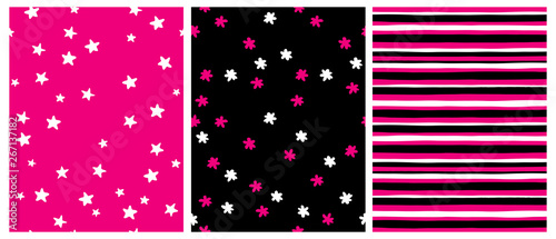 Set od 3 Hand Drawn Geometric Vector Patterns. White Stars on a Pink Background. White and Black Abstract Flowers on a Black. Pink, Black and White Stripped Layout.Vivid Color Irregular Vector Design.