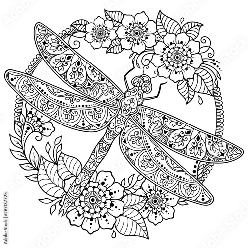 Circular pattern in form of mandala with dragonfly and flower for Henna, Mehndi, tattoo, decoration. Decorative ornament in ethnic oriental style. Frame in the eastern tradition.