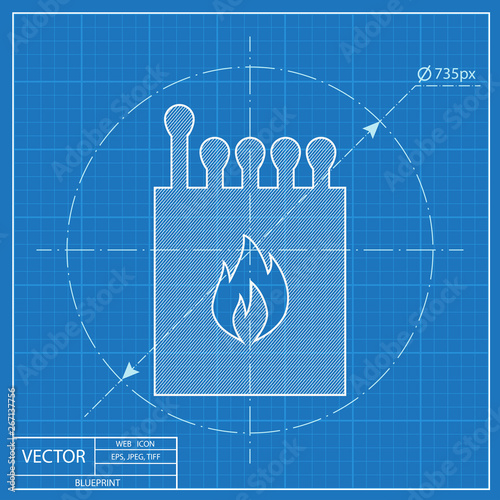 Box of matches illustration. Fire vector blueprint icon