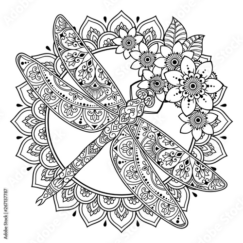 Circular pattern in form of mandala with dragonfly and flower for Henna, Mehndi, tattoo, decoration. Decorative ornament in ethnic oriental style. Frame in the eastern tradition.