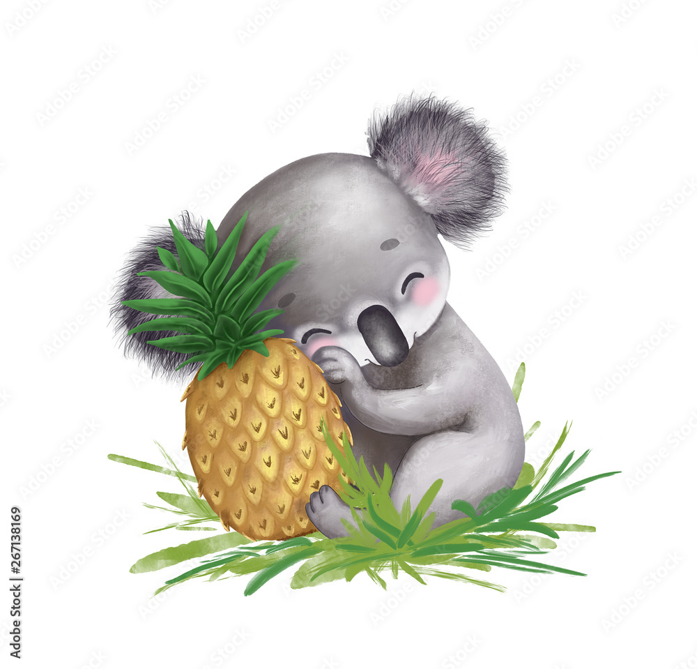 digital drawing of cute koala with pineapple, cartoon character ...