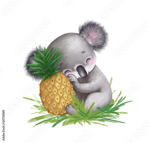 digital drawing of cute koala with pineapple, cartoon character ...