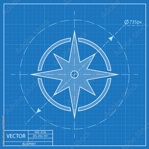 Marine wind rose for travel illustration. Compass vector blueprint icon.