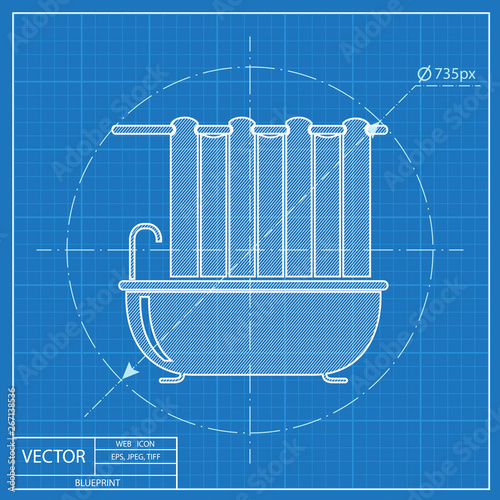Shower curtain illustration. Bath household vector blueprint icon.