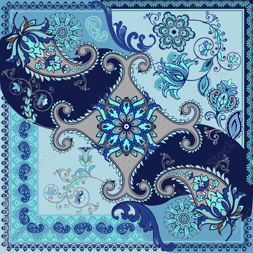 Abstract silk scarf pattern with paisley. Indigo traditional paisley pattern.