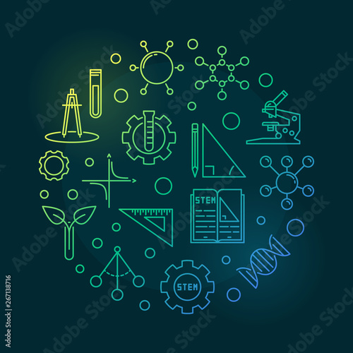 Science, Technology, Engineering and Math vector concept linear colored circular illustration on dark background