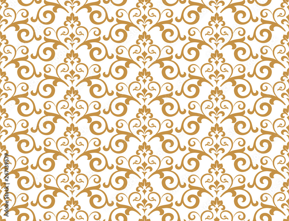 Wallpaper in the style of Baroque. Seamless vector background. White and gold floral ornament. Graphic pattern for fabric, wallpaper, packaging. Ornate Damask flower ornament Wallpaper in the style of Baroque. Seamless vector background. White and gold floral ornament. Graphic pattern for fabric, wallpaper, packaging. Ornate Damask flower ornament