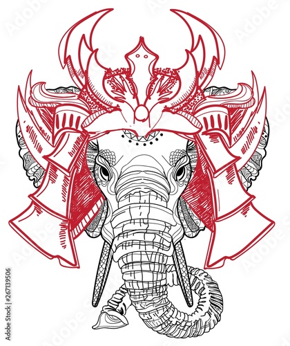 The samurai elephant. Samurai mask, an old Japanese mask. Freehand drawing in vintage style.
