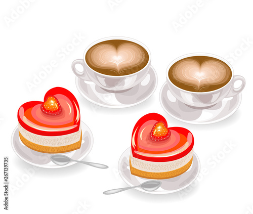 Two tasty heart shaped cakes and two cups of coffee with foam in the shape of a heart. Valentine s day for lovers. Vector illustration