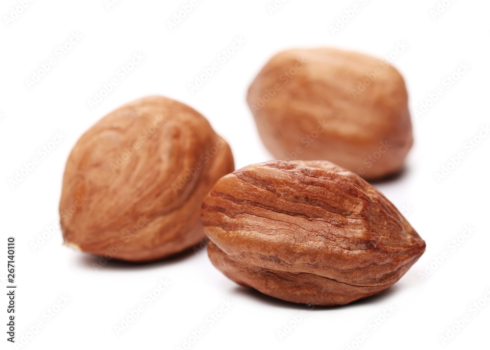 Peeled hazelnuts isolated on white background Peeled hazelnuts isolated on white background