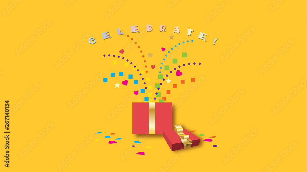 Celebrate graphic with fun confetti and red gift box