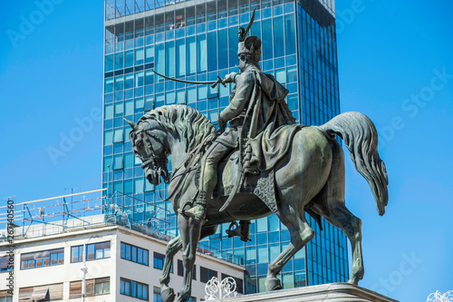 Statue of Count Ban Josip Jelacic from 19th century in Zagreb, Croatia, against modern office building photo