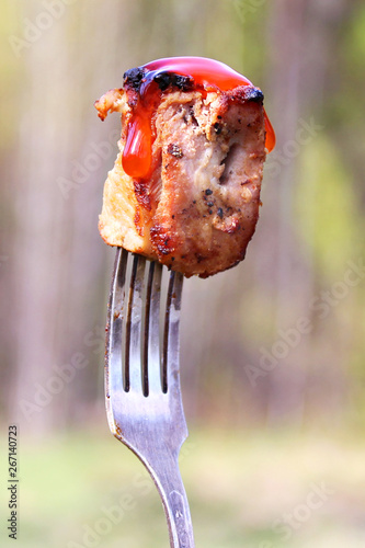A piece of meat with sauce on a fork on the background of blurry trees