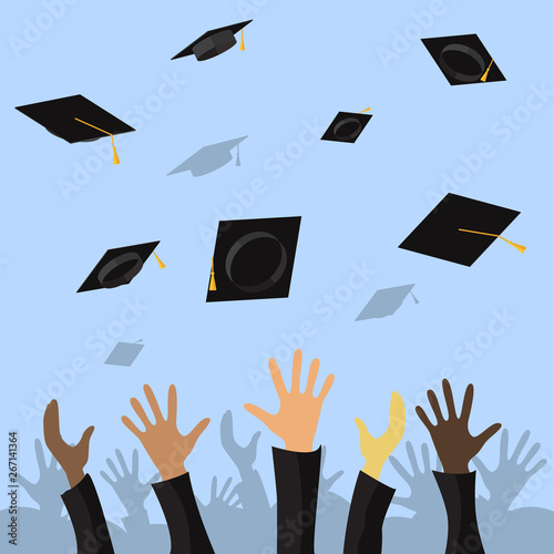 Graduating students of pupil hands throwing graduation caps in the air vector flat illustration