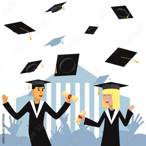 girl and boy students in academic gown and cap received a diploma and rejoices Vector flat illustration