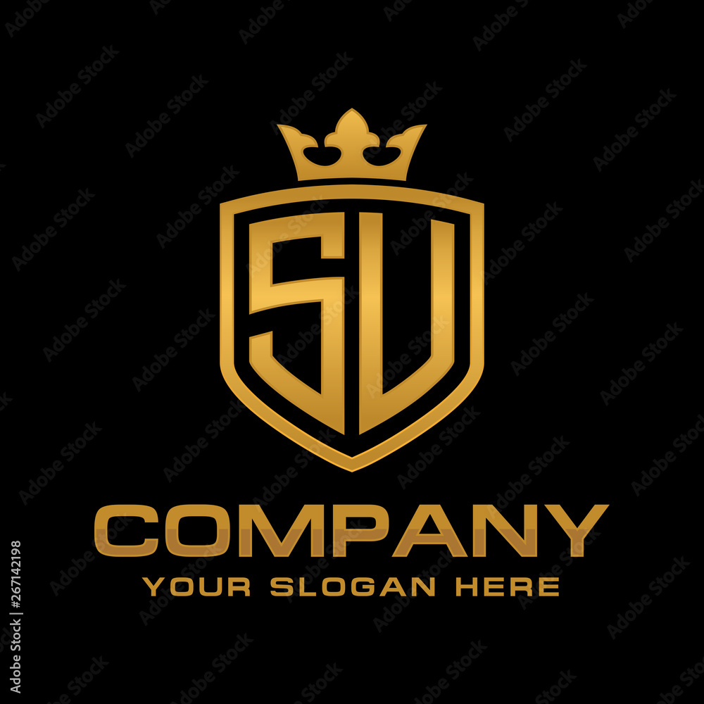 Obraz premium SU initial with shield and crown, Luxury logo design vector